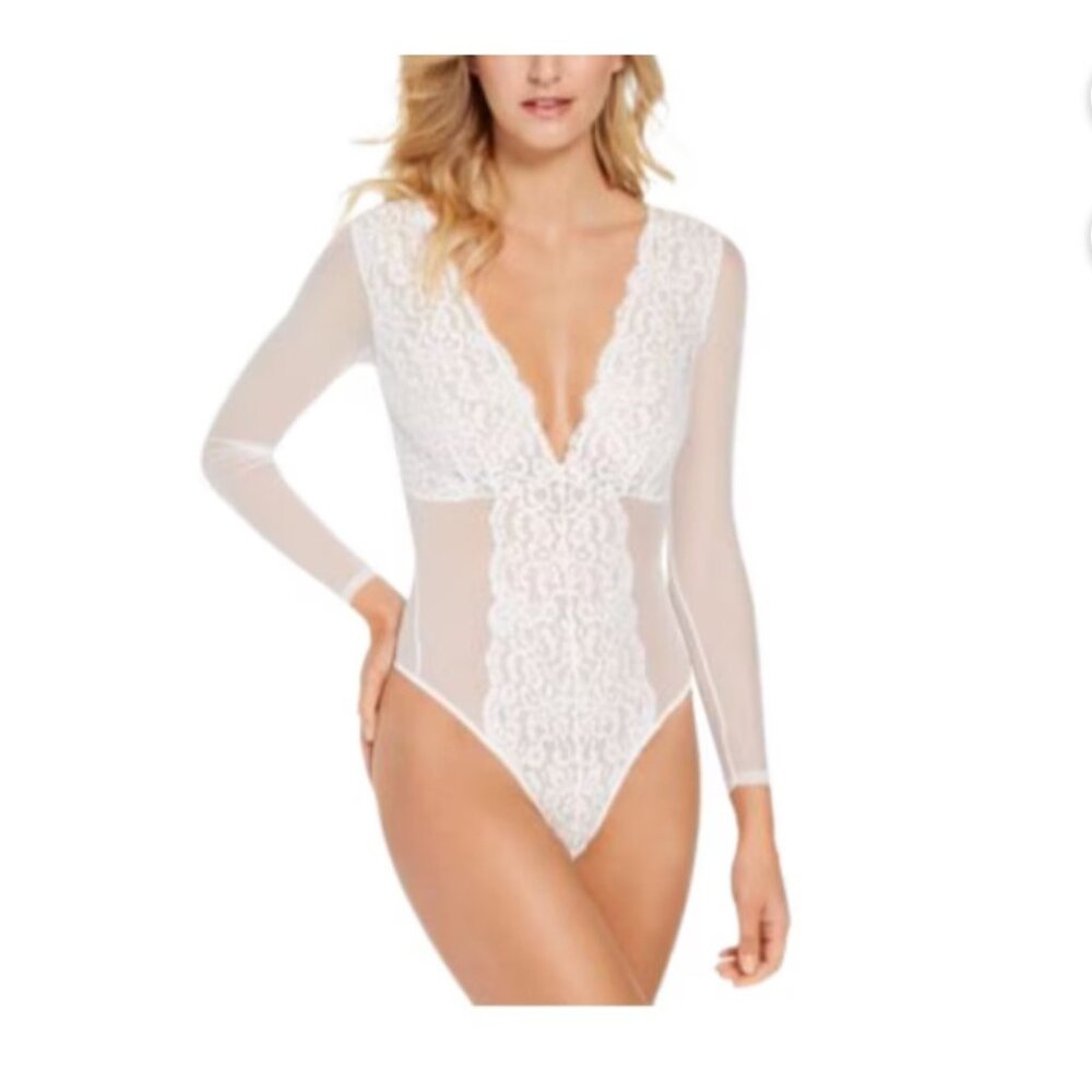NWT INC Intimates Lingerie Sheer Lace Bodysuit White Cheeky Festival Size Small